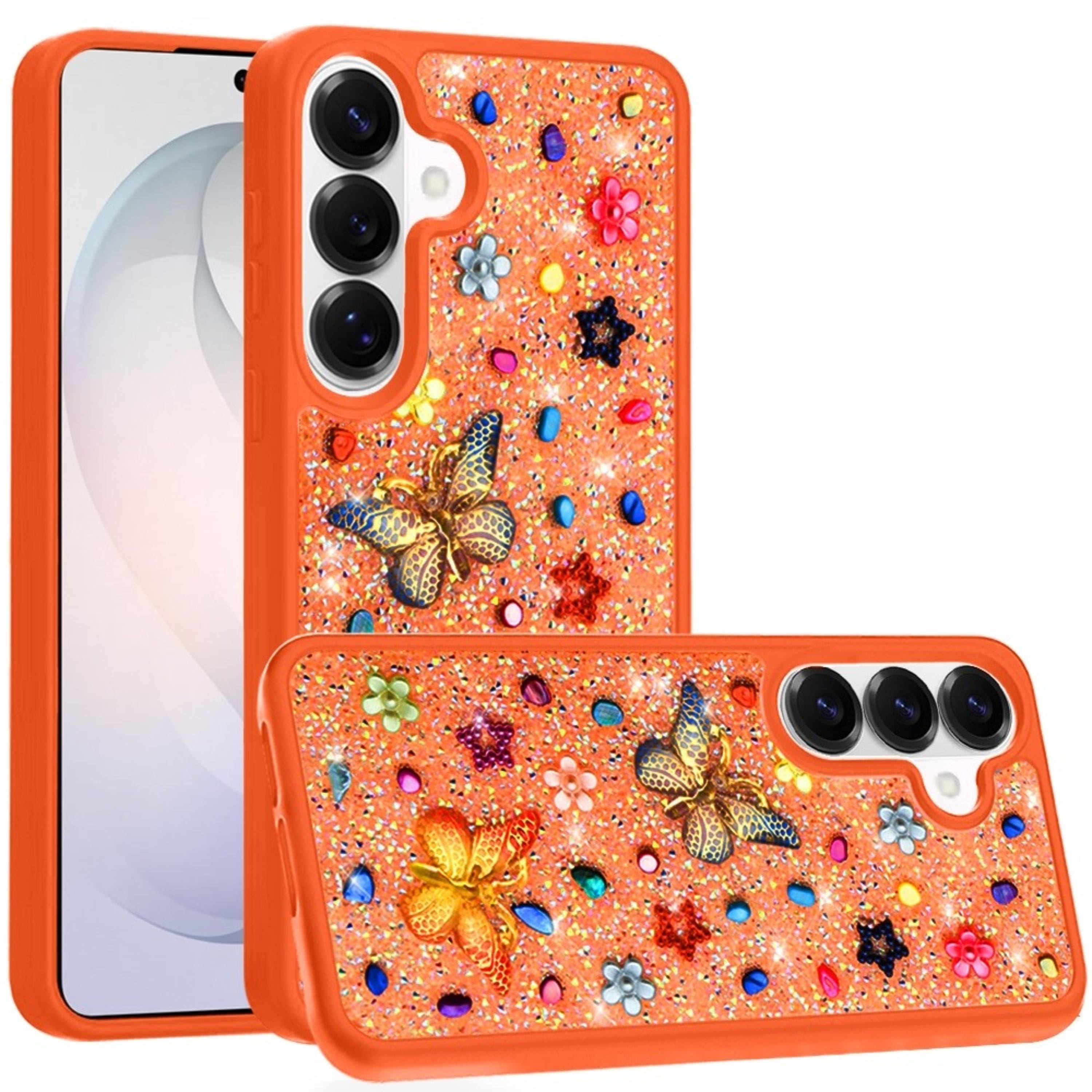 Kitcheniva - Butterfly 3D Jewel Glitter Phone Case With Tempered Glass For Samsung Galaxy S26 - Cosmic Orange