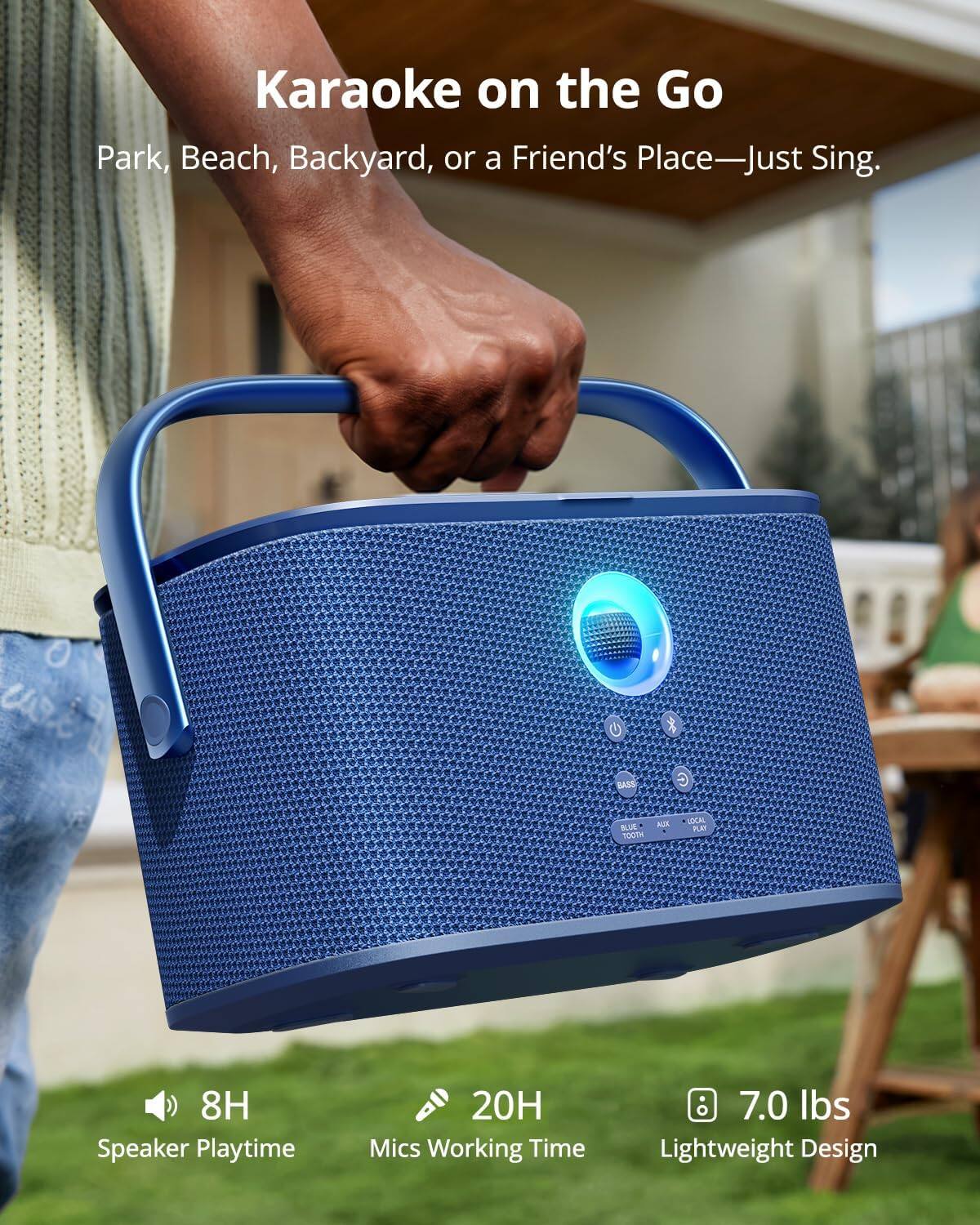 Karaoke on the Go  
Park, Beach, Backyard, or a Friend's Place—Just Sing.

RASS  
C  
AIX LOCAL BLUE PLAY TOOTH  
8H Speaker Playtime  
20H Mics Working Time  
7.0 lbs Lightweight Design