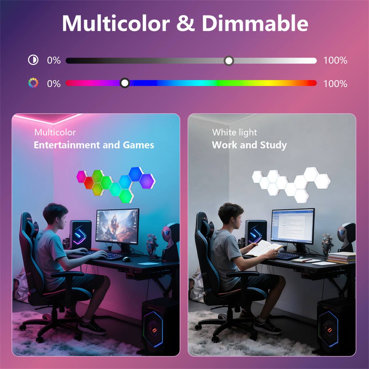 Multicolor & Dimmable

0% 100%  
0% 100%

Multicolor  
Entertainment and Games

White light  
Work and Study
