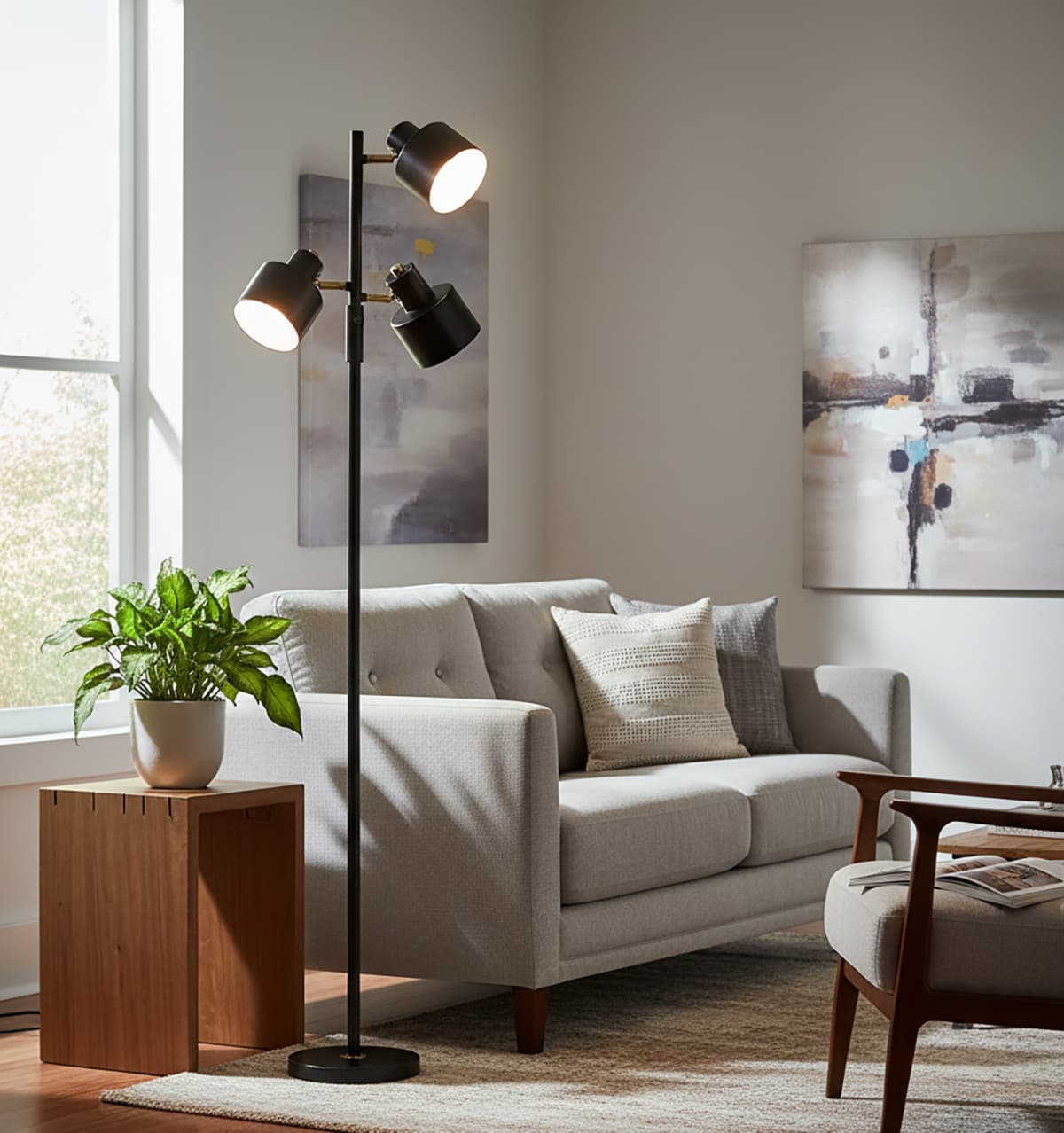 Alt View 4. FINEAK - Modern Industrial 3-Light Floor Lamp - Black LED Metal Standing Lamp - Black.