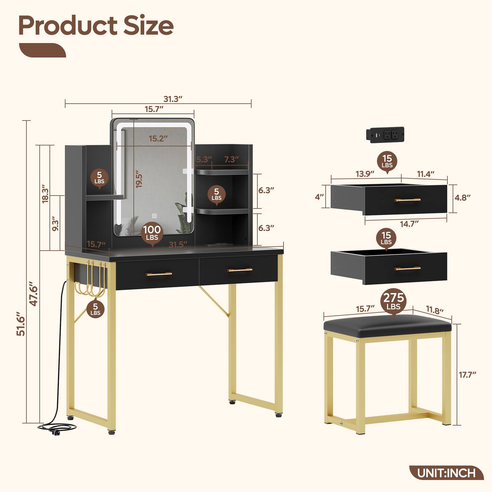 Product Size

- 31.3" x 15.7" x 15.2"
- 18.3" x 9.3" x 5"
- 15.7" x 5.3" x 7.3"
- 19.5" x 6.3" x 6.3"
- 47.6" x 51.6" x 4"
- 13.9" x 11.4" x 4.8"
- 15.7" x 11.8" x 17.7"

Weights:
- 5 LBS
- 100 LBS
- 15 LBS
- 15 LBS
- 275 LBS

UNIT: INCH