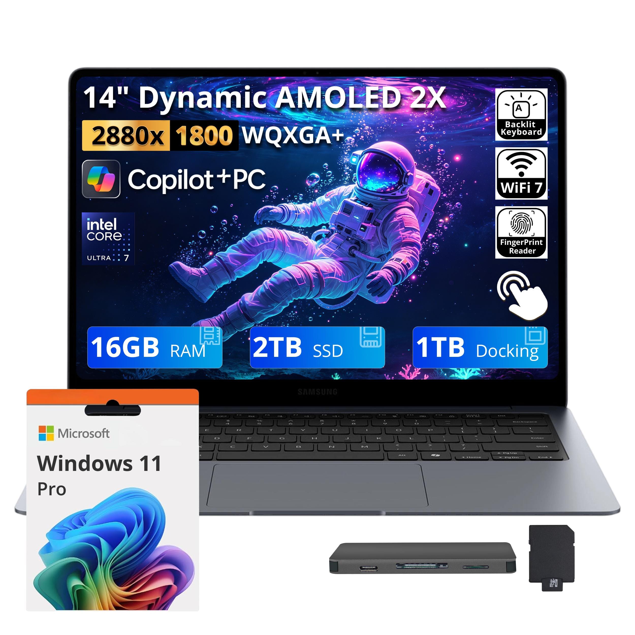 Samsung - Upgraded - Galaxy 14" 3K AMOLED Touch AI Laptop,Ultra 7 356H,16GB RAM,2TB SSD+1TB Dock,Backlit,Fingerprint,Win11 Pro - Gray