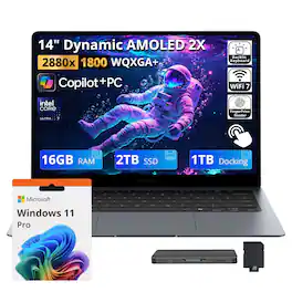 Samsung - Upgraded - Galaxy 14" 3K AMOLED Touch AI Laptop,Ultra 7 356H,16GB RAM,2TB SSD+1TB Dock,Backlit,Fingerprint,Win11 Pro - Gray