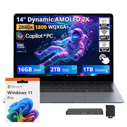 14" Dynamic AMOLED 2X
2880x 1800 WQXGA+
Copilot+ PC
Backlit Keyboard
WiFi 7
Intel CORE ULTRA 7
FingerPrint Reader
16GB RAM
2TB SSD
1TB Docking
SAMSUNG
Microsoft Windows 11 Pro