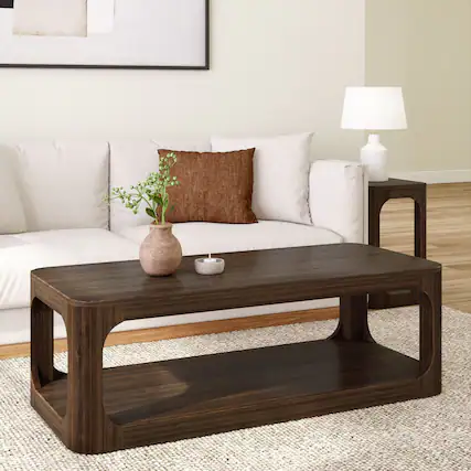 Front. Plank+Beam - Forma Rectangular Coffee Table with Shelf (54in x 24in / 1370mm x 610mm), Walnut - Walnut.