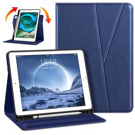 DTTO - Case for iPad 6/5 & Air 2/1 9.7" - 360° Rotating Leather Folio Stand with Pencil Holder & Auto Wake/Sleep - Navy Blue