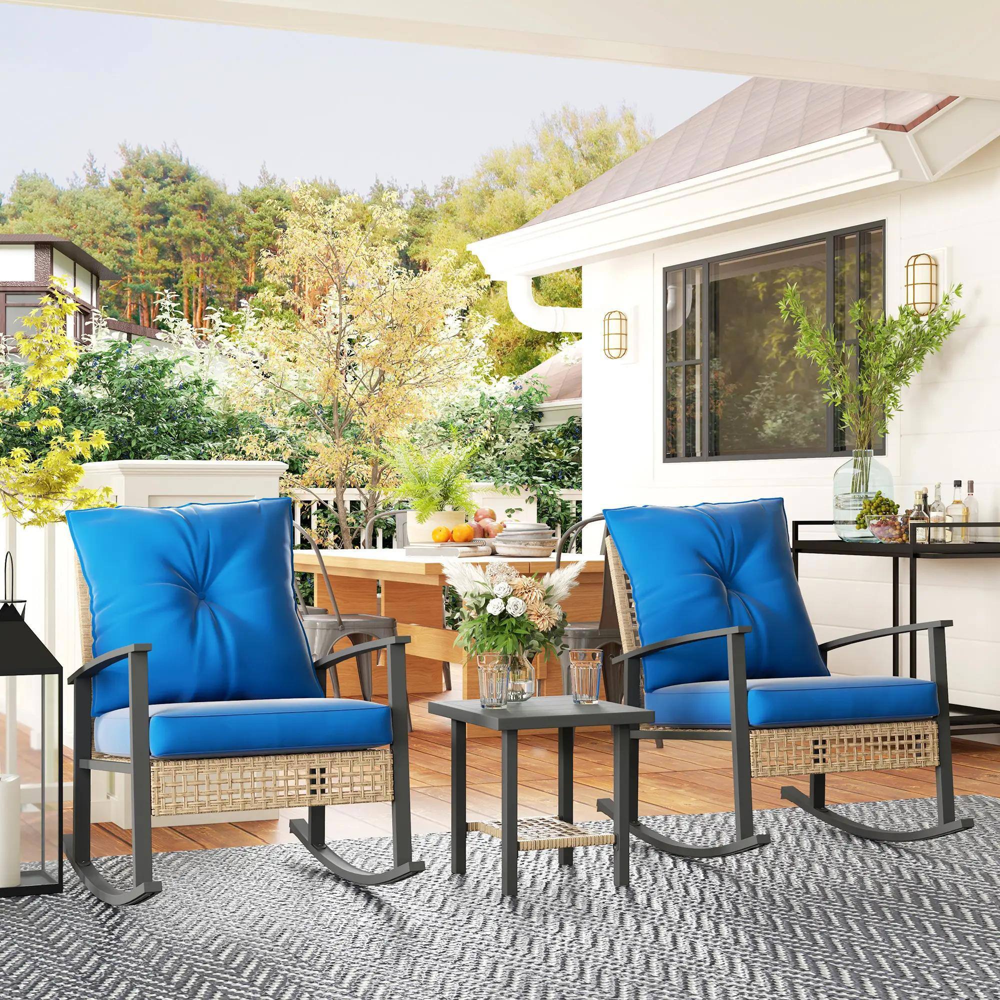Alt View 5. Spaco - Spaco 3-Piece Wicker Set, Rocking Chairs with Tufted Cushions,Coffee Table - Blue.