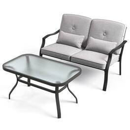 Pefilos - Outdoor Loveseat Chair Set, Deluxe Outdoor Patio with Tempered Glass Coffee Table - Gray