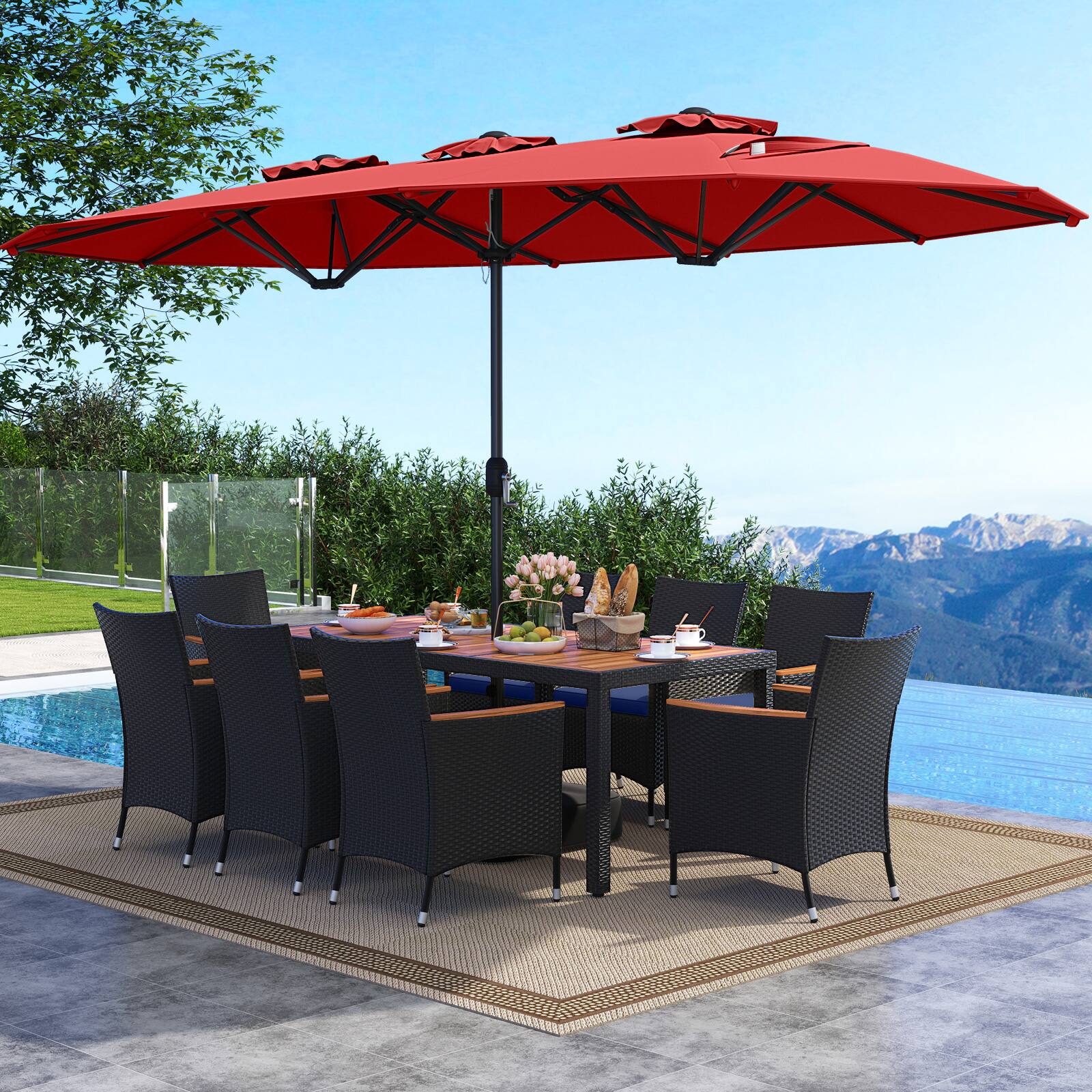 Alt View 1. Costway - Costway 11 PCS Patio Wicker Dining Set with Double-Sided Outdoor Umbrella 8 Stackable Chairs - Red+Navy.