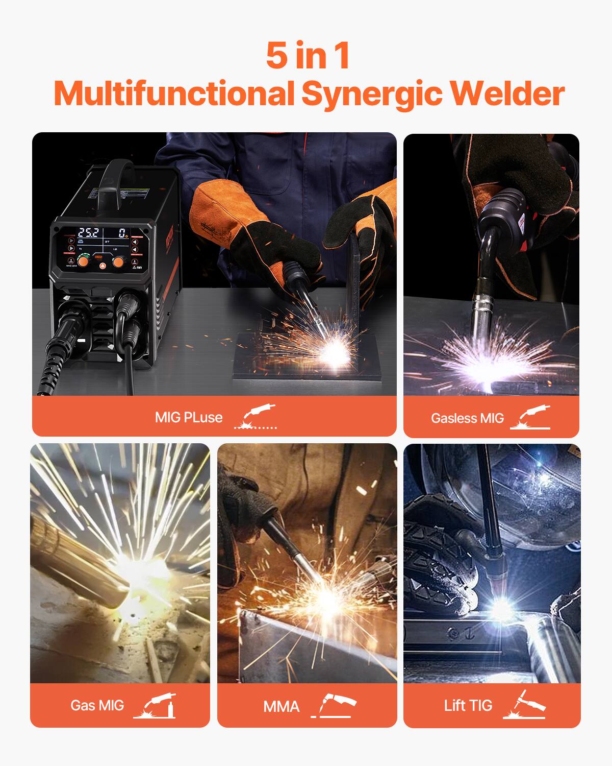 5 in 1 Multifunctional Synergic Welder

- MIG Pulse
- Gasless MIG
- Gas MIG
- MMA
- Lift TIG