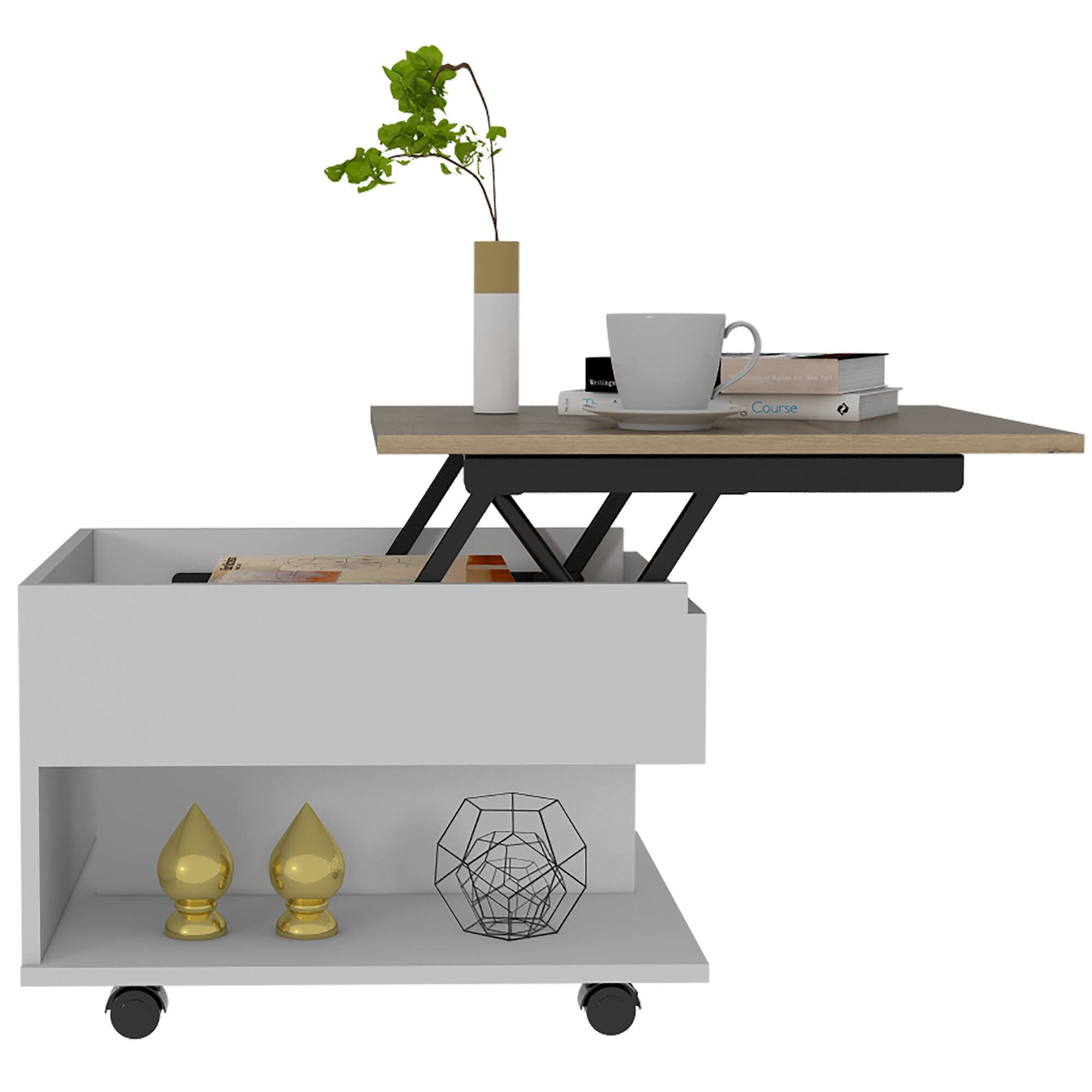 Alt View 2. TuHome - Luanda Lift Top Coffee Table, Casters, One Shelf - White / Light Oak.