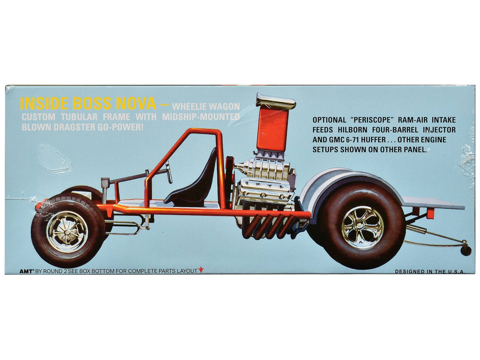 INSIDE BOSS NOVA  
CUSTOM TUBULAR FRAME WITH MIDSHIP-MOUNTED BLOWN DRAGSTER GO-POWER!  
WHEELIE WAGON  

OPTIONAL "PERISCOPE" RAM-AIR INTAKE FEEDS HILBORN FOUR-BARREL INJECTOR AND GMC 6-71 HUFFER... OTHER ENGINE SETUPS SHOWN ON OTHER PANEL.  

AMT BY ROUND 2 SEE BOX BOTTOM FOR COMPLETE PARTS LAYOUT  

DESIGNED IN THE U.S.A.