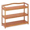 Front. Costway - 3-Tier Wood Shoe Rack Solid Acacia Wood Shoe Shelf with Side Metal Hooks - Reddish Brown.