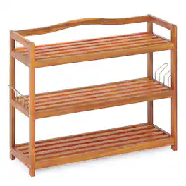 Costway - 3-Tier Wood Shoe Rack Solid Acacia Wood Shoe Shelf with Side Metal Hooks - Reddish Brown
