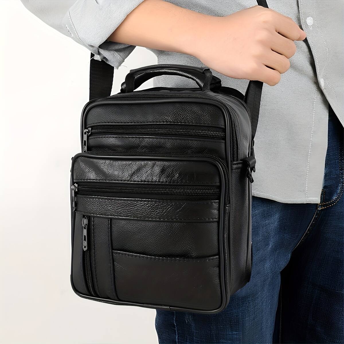 Angle. Acteck - Large Crossbody Shoulder Bag Leather Sling Bag for Men Anti-Theft Travel Chest Purse - Black.