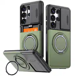 Dteck - Rugged Case for Samsung Galaxy S25 Ultra Shockproof Drop Protection Hidden Card Slot Ring Kickstand Sliding Camera Cover - Green