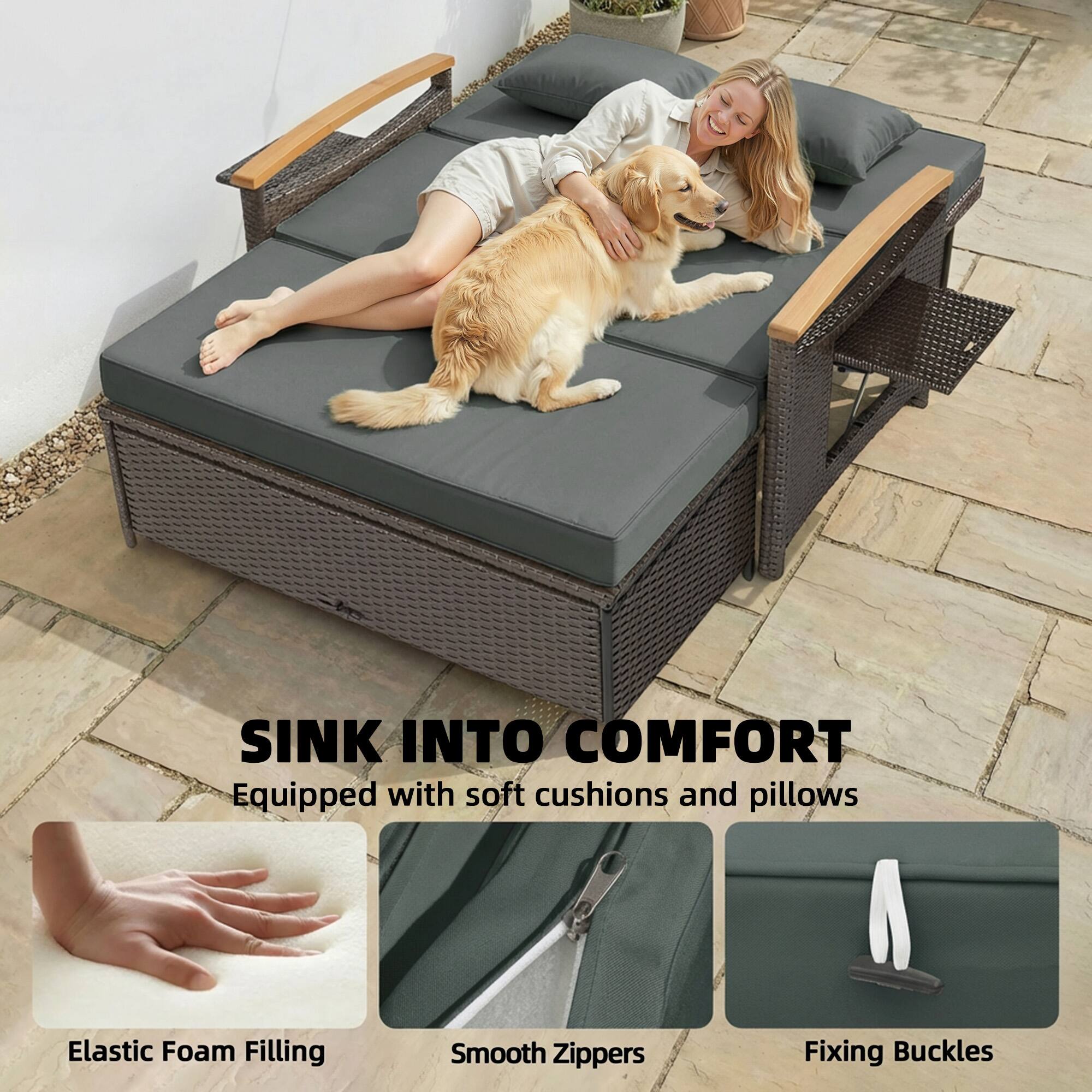 SINK INTO COMFORT  
Equipped with soft cushions and pillows  
Elastic Foam Filling  
Smooth Zippers  
Fixing Buckles