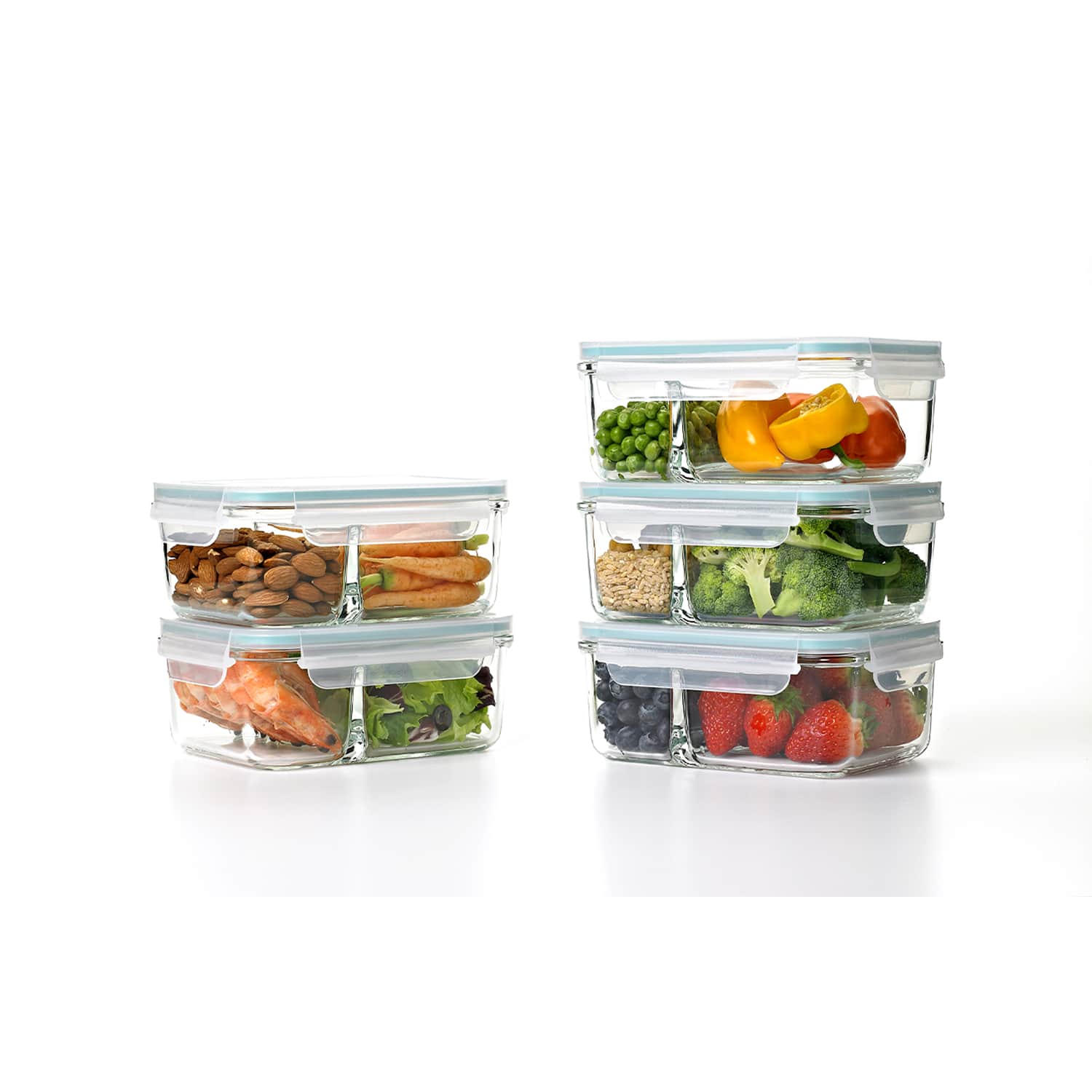 Glasslock - Duo 5 Piece Clear Glass Microwave Safe Divided Food Storage Containers