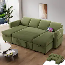 Dyonery - 105" Sectional Sleeper Sofa,Pull Out Couch with Reclining Backrest,USB Ports, Tool-Free Assembly, Corduroy Green - Corduroy Green
