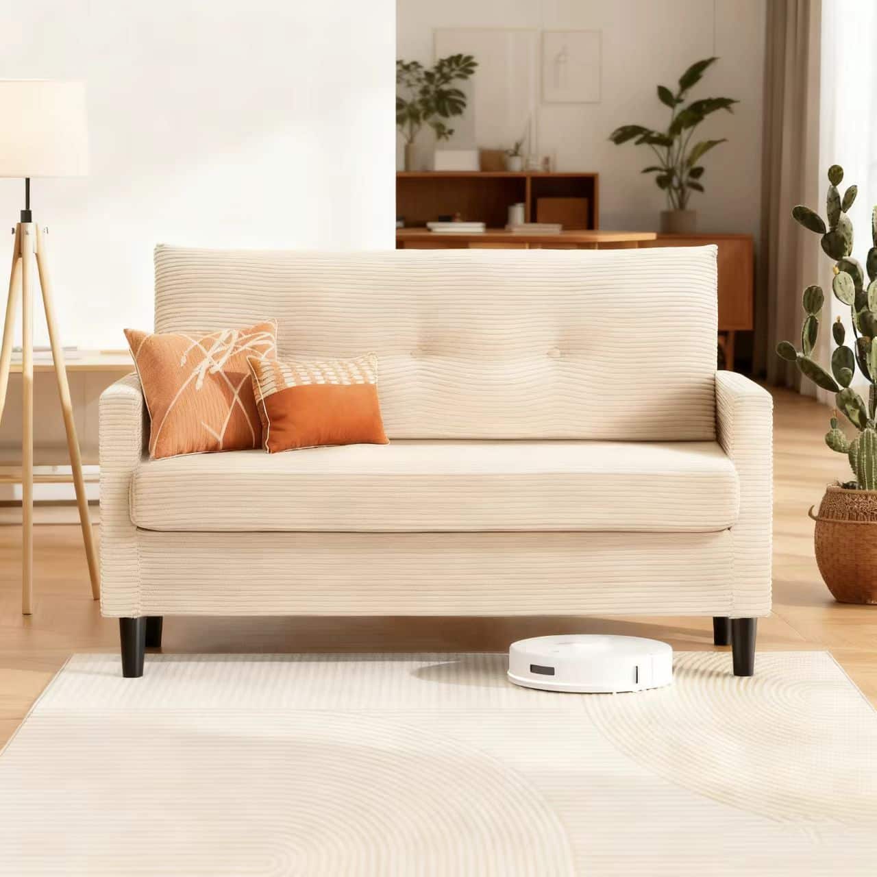 Dyonery - 50 "corduroy sofa, living room sofa, suitable for small Spaces, tool-free assembly，Beige - White