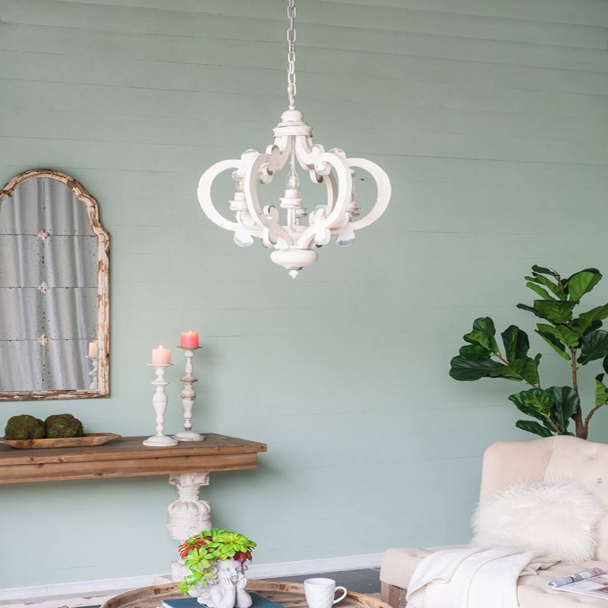 Left. Loheer - Loheer French Country Chandelier, Six Light Whitewashed Wood Fixture with Adjustable Chain.