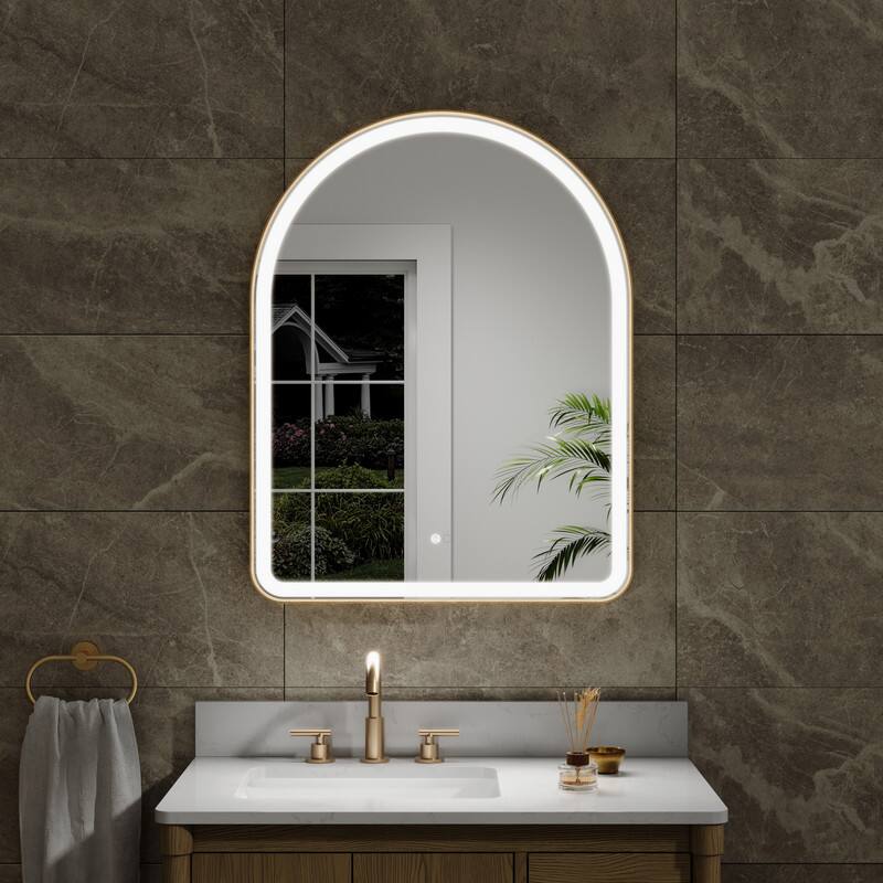 Left. WELLFOR - 28" x 36" Arched Framed Bathroom Mirror with LED Light ,Defogger & Memory Function, Wall Mounted Vanity Mirror - Brushed Gold.