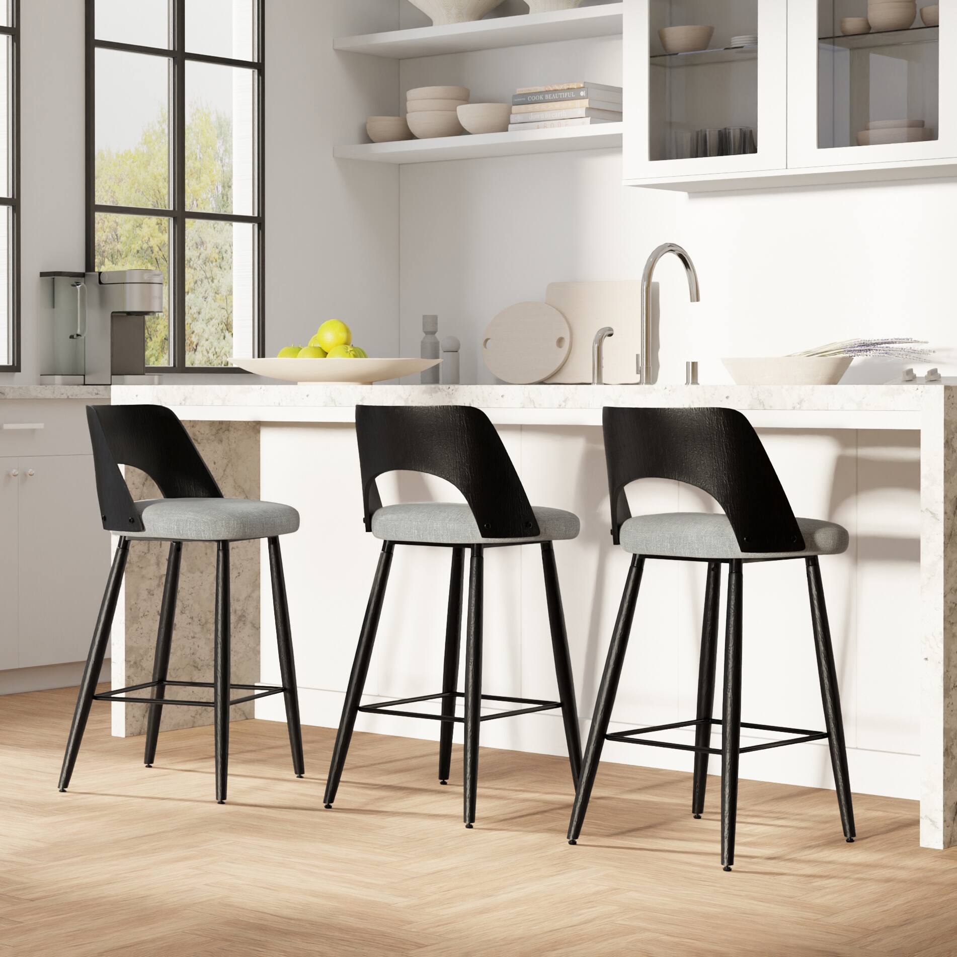 Angle. Simpli Home - Callie Contemporary 16 inch Counter Height stool (Set of 2) in Grey Polyester linen fabric - Grey.