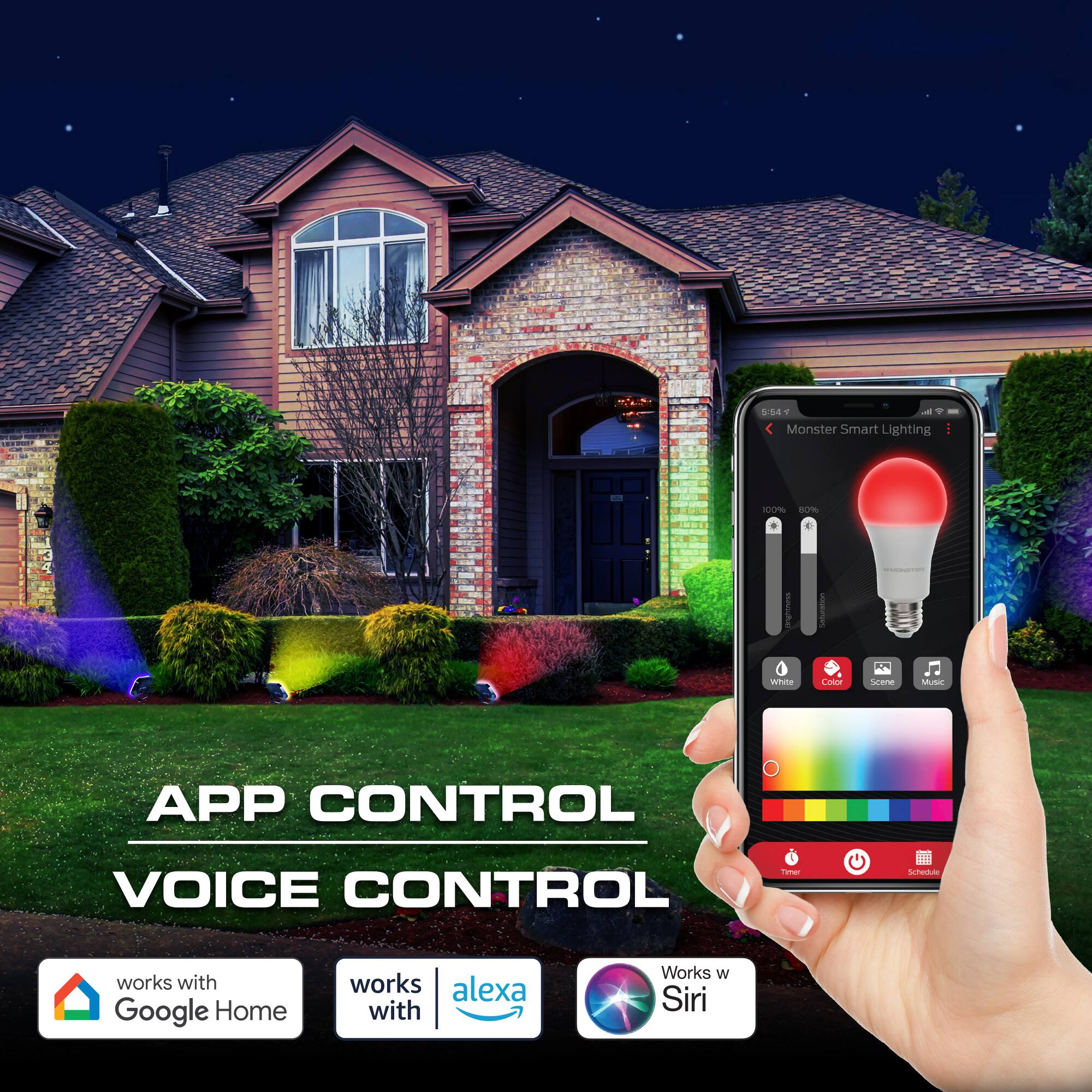 4. Monster Smart Lighting - nor aLm  
- White Color  
- Scene  
- Music  
- APP CONTROL  
- VOICE CONTROL  

Ce kaie works with Google Home  
works with alexa  
Works w Siri