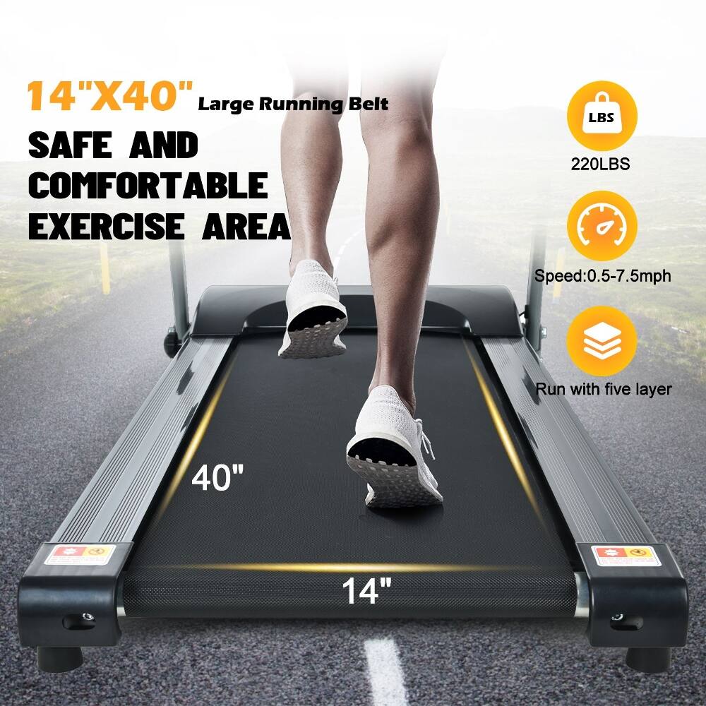 14"X40" Large Running Belt

SAFE AND COMFORTABLE EXERCISE AREA

LBS 220LBS

Speed: 0.5-7.5mph

Run with five layer

40" 40" - 14"