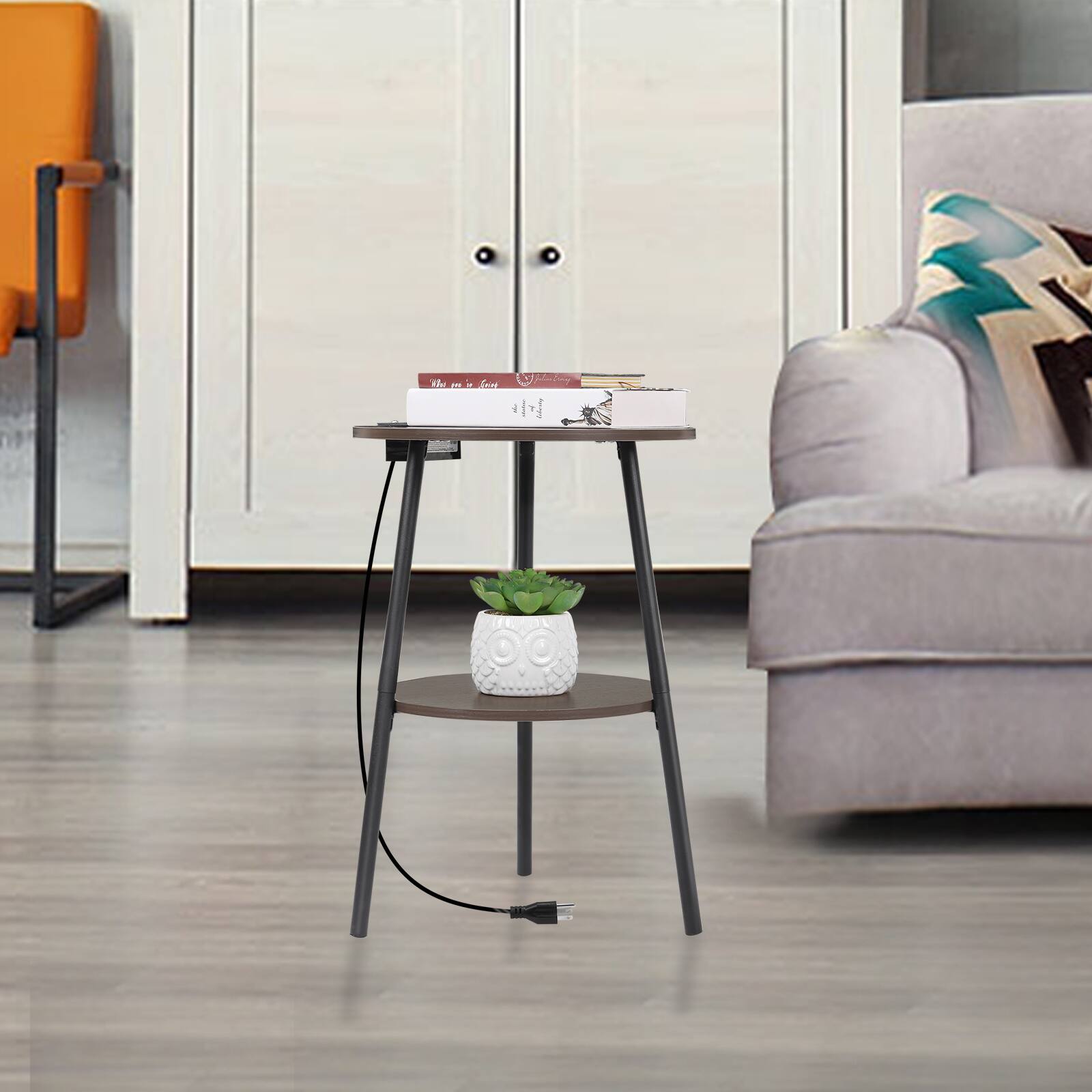 Alt View 2. Oumilen - Round 2-Tier End Table with Built-in Charging Station, Brown - Brown.