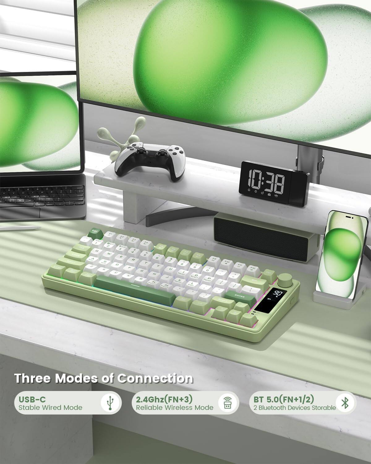 Three Modes of Connection

- USB-C
  - Stable Wired Mode

- 2.4Ghz (FN+3)
  - Reliable Wireless Mode

- BT 5.0 (FN+1/2)
  - 2 Bluetooth Devices Storable