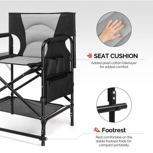 SEAT CUSHION  
Added pearl cotton interlayer for added comfort  

Footrest  
Rest comfortably on the stable footrest folds for compact portability