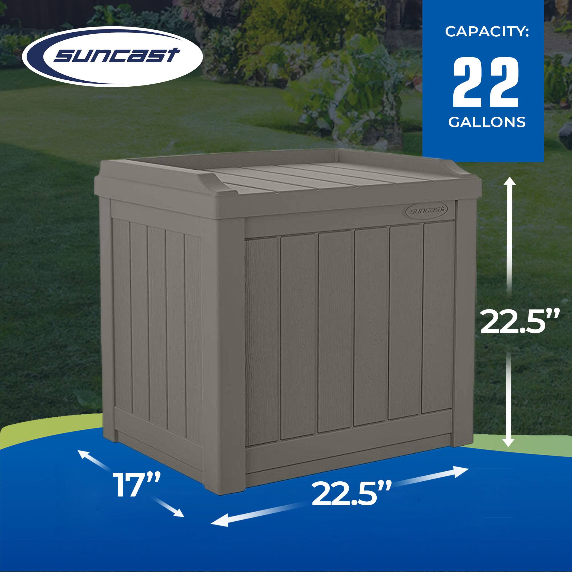 Suncast  
CAPACITY: 22 GALLONS  
22.5" x 17" x 22.5"