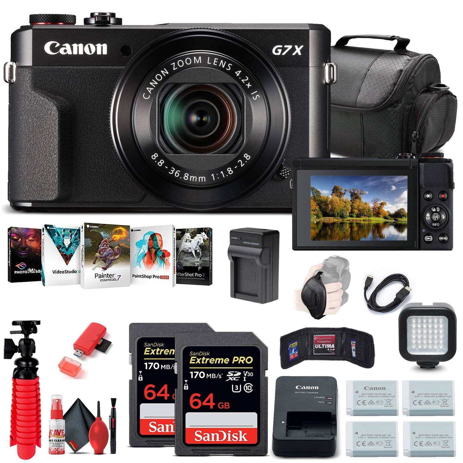 Canon G7X  
Canon Zoom Lens 4.2x IS 8.8-36.8mm 1:1.8-2.8  
PHOTOMia VideoStudio Painter 7 PaintShop Pro AfterShot Pro 3  
SanDisk Extreme PRO 64GB 170 MB/s V30  
SanDisk Extreme 64GB 170 MB/s  
Canon Battery Charger  
Canon Battery Pack LP-E12  
Canon Battery Pack LP-E12  
Canon Battery Pack LP-E12  
SanDisk ULTIMA  
Canon CE POe