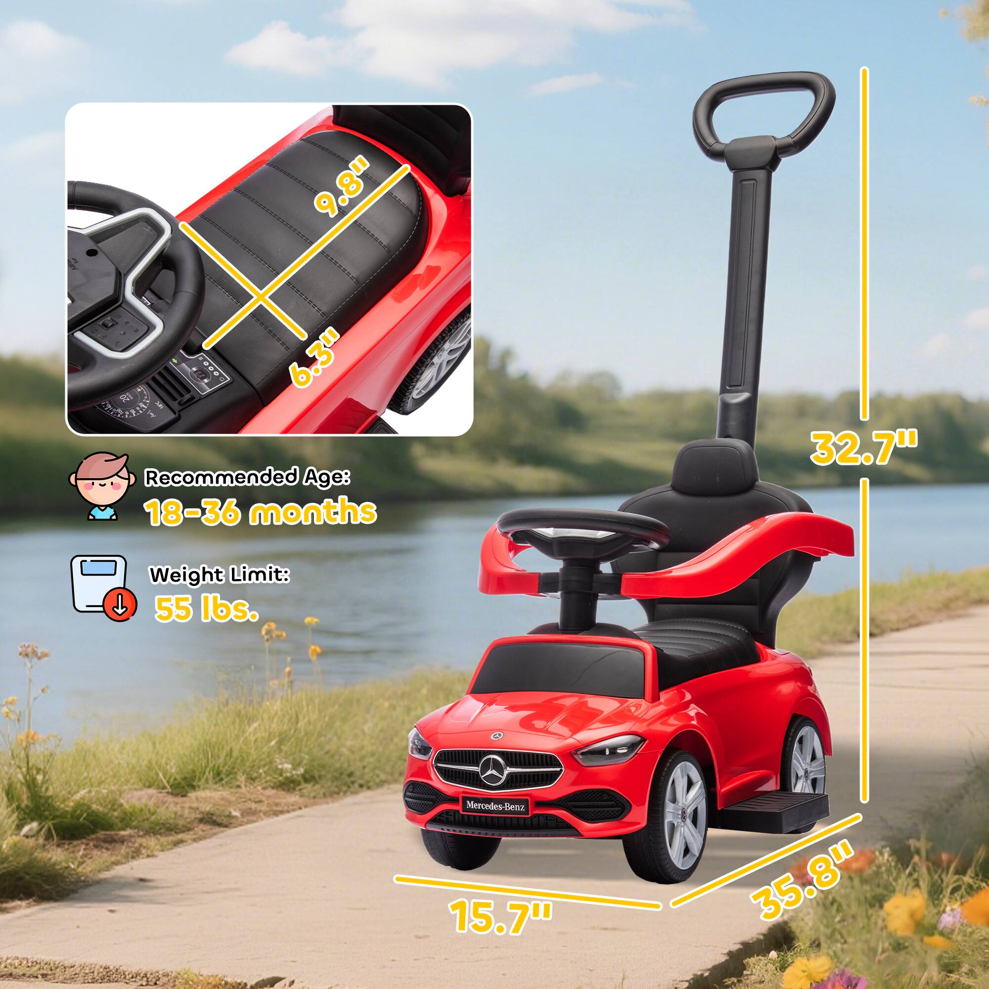 9.8" 6.3" 14 T Recommended Age: 18-36 months 32.7" Weight Limit: 55 lbs. Mercedes-Benz 15.7" 35.8"