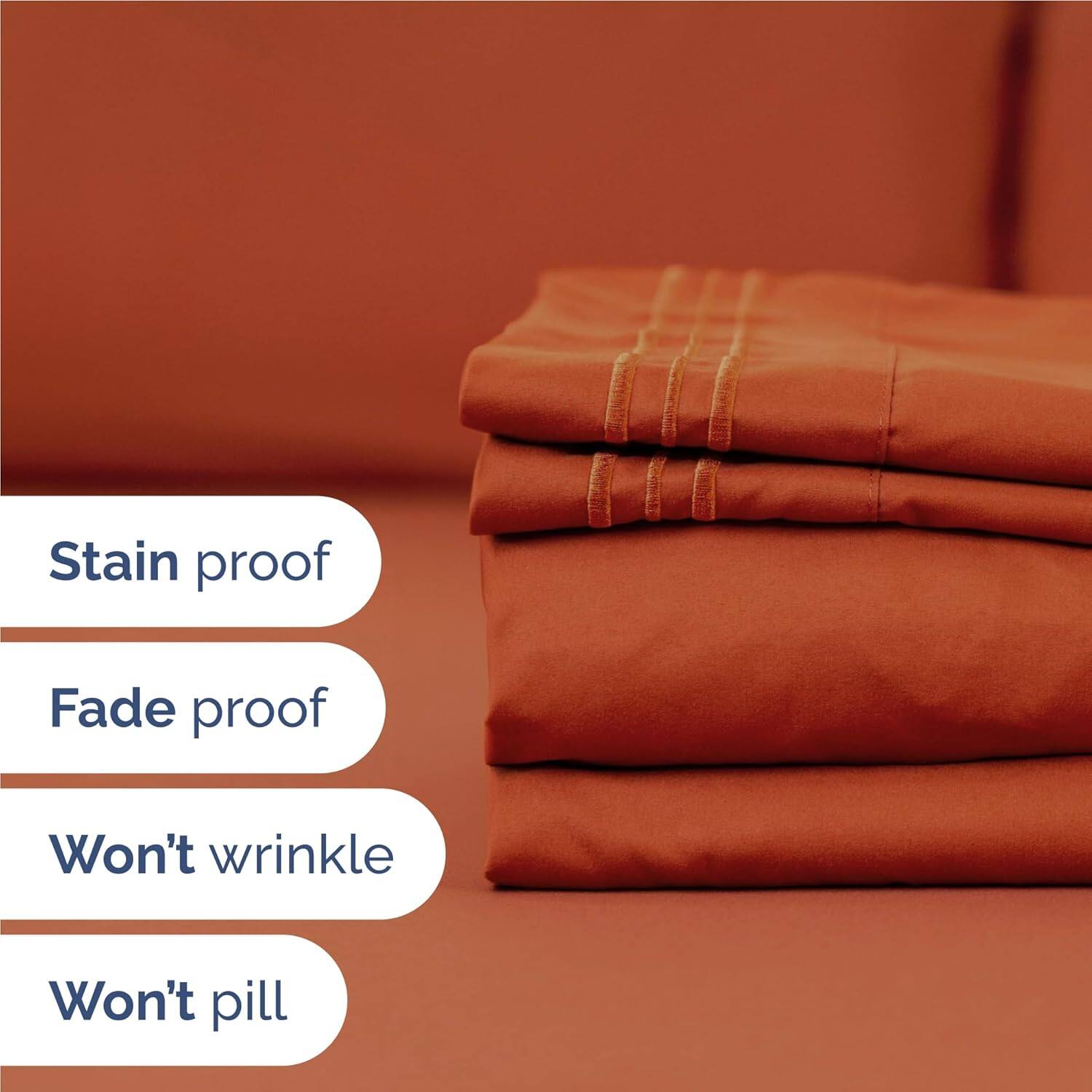 Stain proof  
Fade proof  
Won't wrinkle  
Won't pill