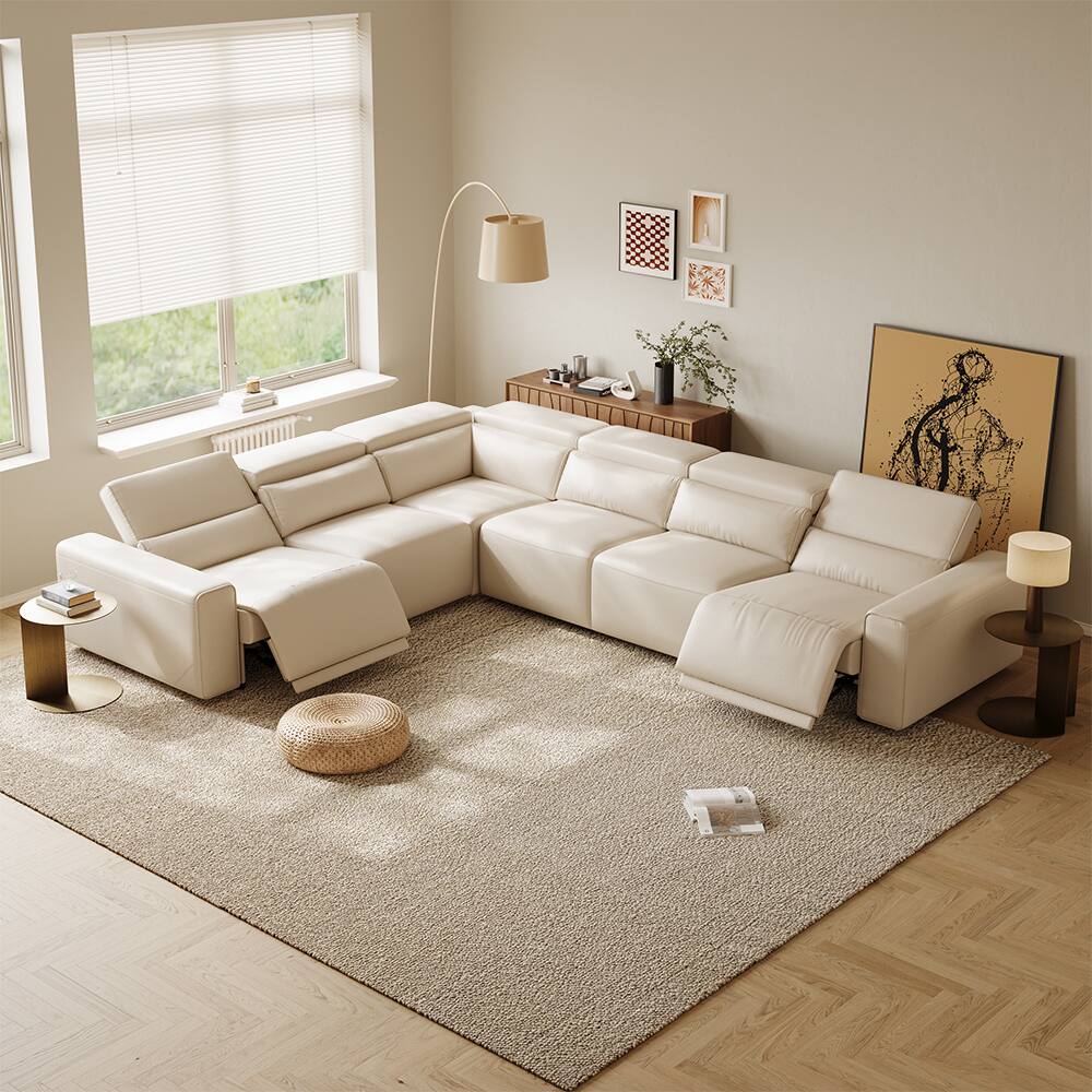 Left. POVISON - 141" L-shaped Power Reclining Modular Sofa,  Dual-charging, 2 Deep Seat 90°-145° Recline,Adjustable Headrest, Black - Beige Sustainable Leather.