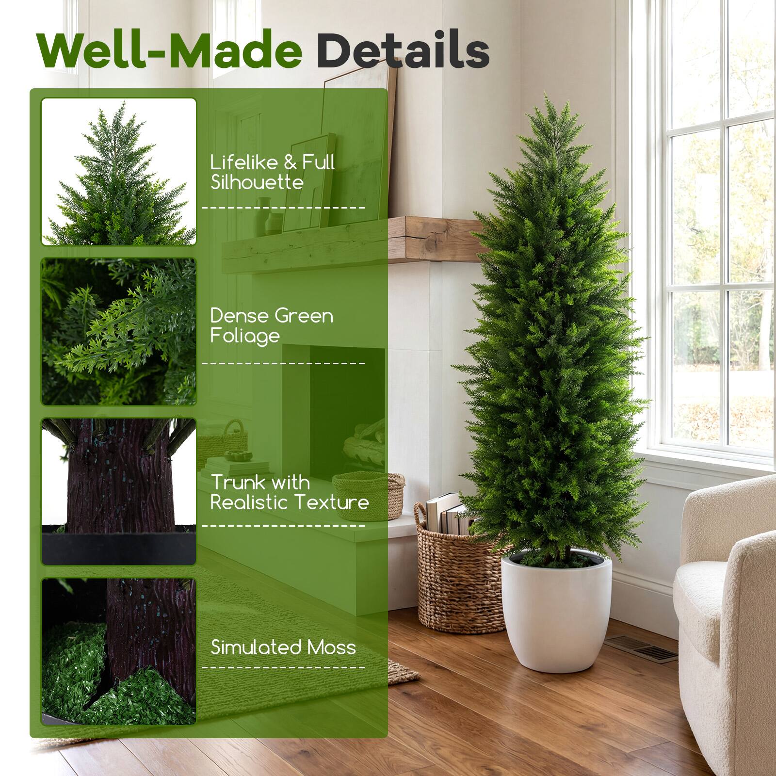 Well-Made Details

- Lifelike & Full Silhouette
- Dense Green Foliage
- Trunk with Realistic Texture
- Simulated Moss