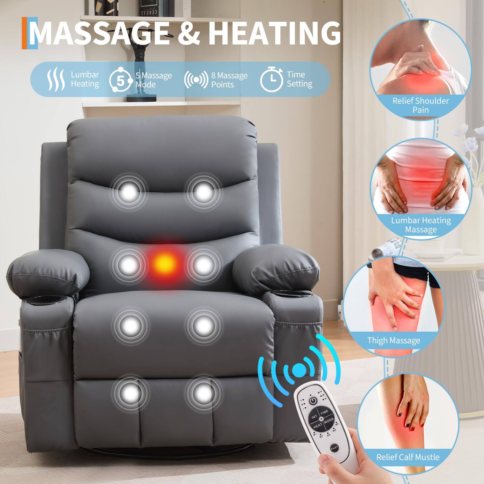 MASSAGE & HEATING

- Lumbar Heating
- 5 Massage Mode
- 8 Massage Points
- Time Setting

Relief Shoulder Pain
Lumbar Heating Massage
Thigh Massage
Relief Calf Muscle