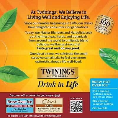 At Twinings, We Believe in Living Well and Enjoying Life. Since our humble beginnings in 1706, our drinks have delighted consumers for generations. Today, our Master Blenders and Herbalists seek out the finest teas, herbs, and botanicals from around the world to brilliantly blend delicious wellbeing drinks that taste great and do you good. One sip at a time, we celebrate the small steps we can all take to feel even more optimistic about a life well-lived.

TWININGS EST. 1706 LONDON

Drink in Life

Discover other varieties you may enjoy!
Brew Over Ice
UNSEEN SWEETENED ICED TEA LATTE
Pure Black Tea
Refreshing & Smooth
Café Experience of Home

To explore all K-Cup varieties, go to TwiningsUSA.com

BREW HOT OVER ICE
Fill a big cup with ice cubes. (Do not use glass.)
Brew hot on medium setting.
Stir to chill.