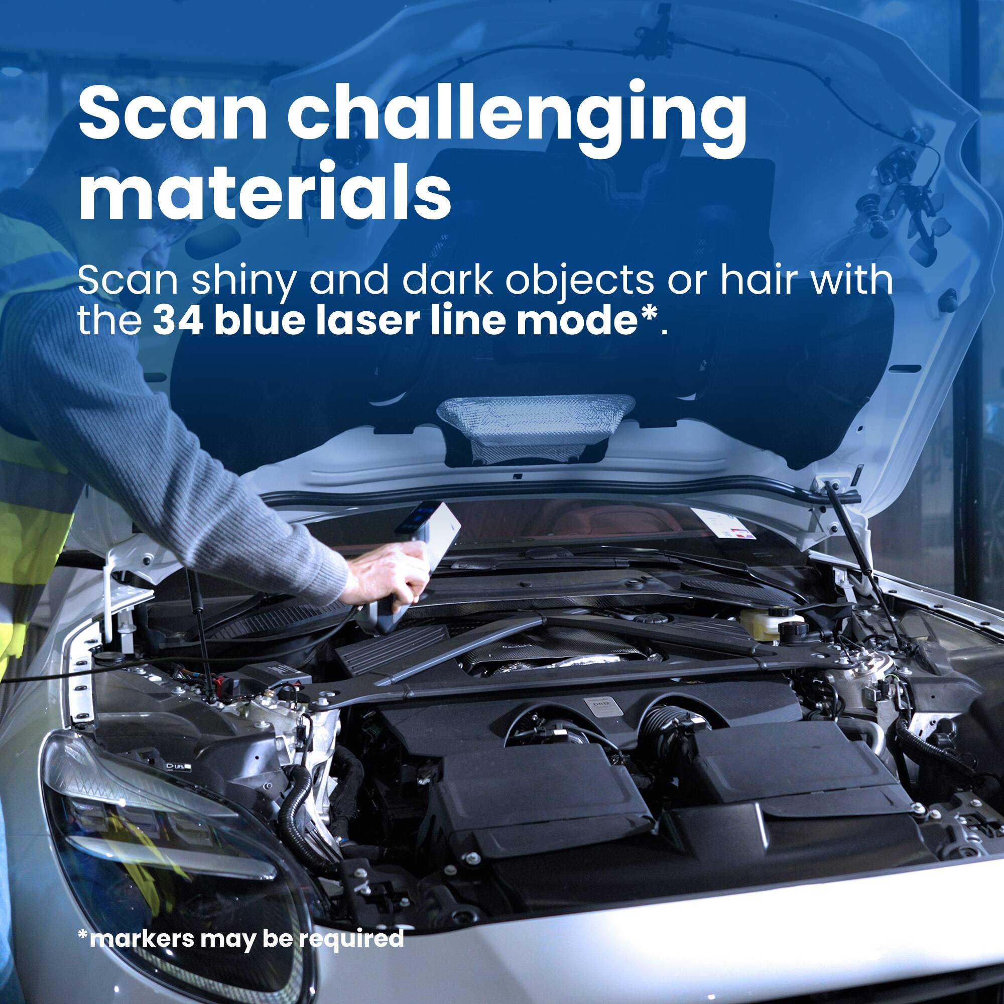 Scan challenging materials
Scan shiny and dark objects or hair with the 34 blue laser line mode*. *markers may be required