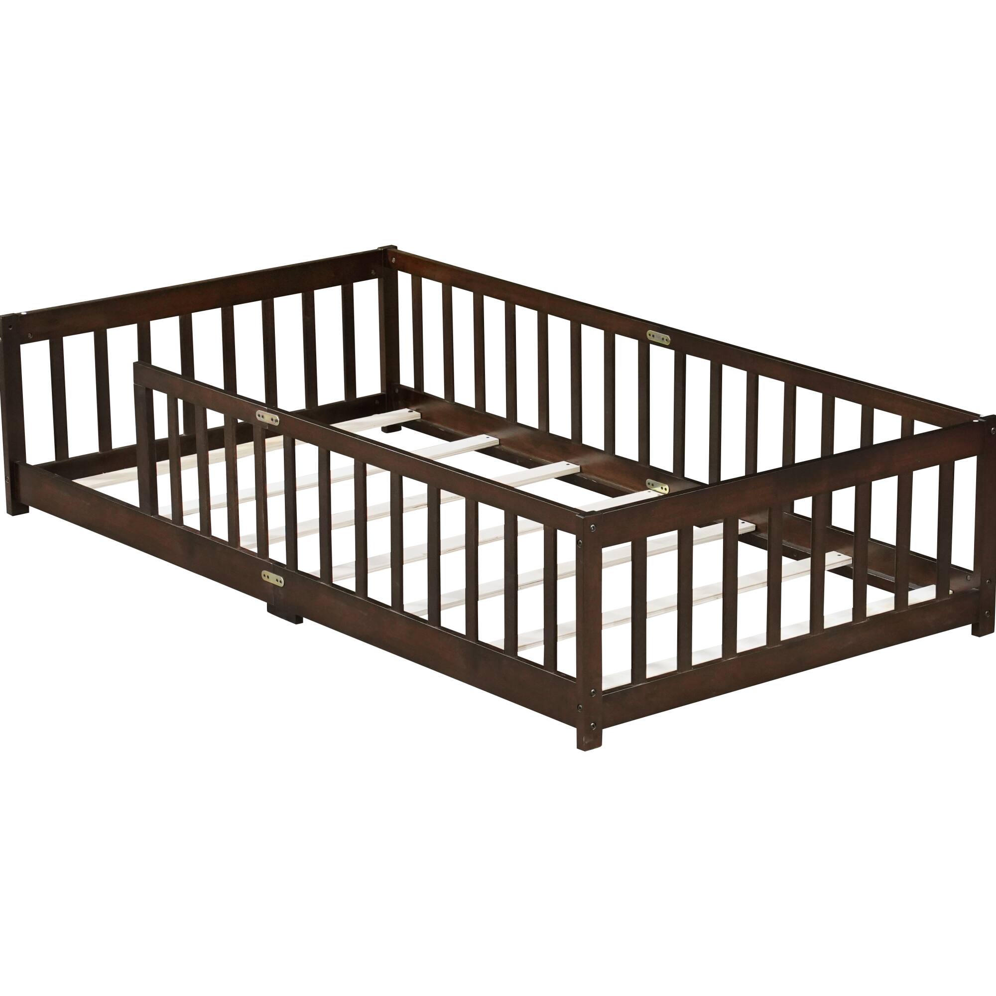 Alt View 7. GOODSILO - Twin Size Floor Bed with Safety Fence for Kids, Sturdy Rubber Wood Construction, Easy Assembly - Espresso.