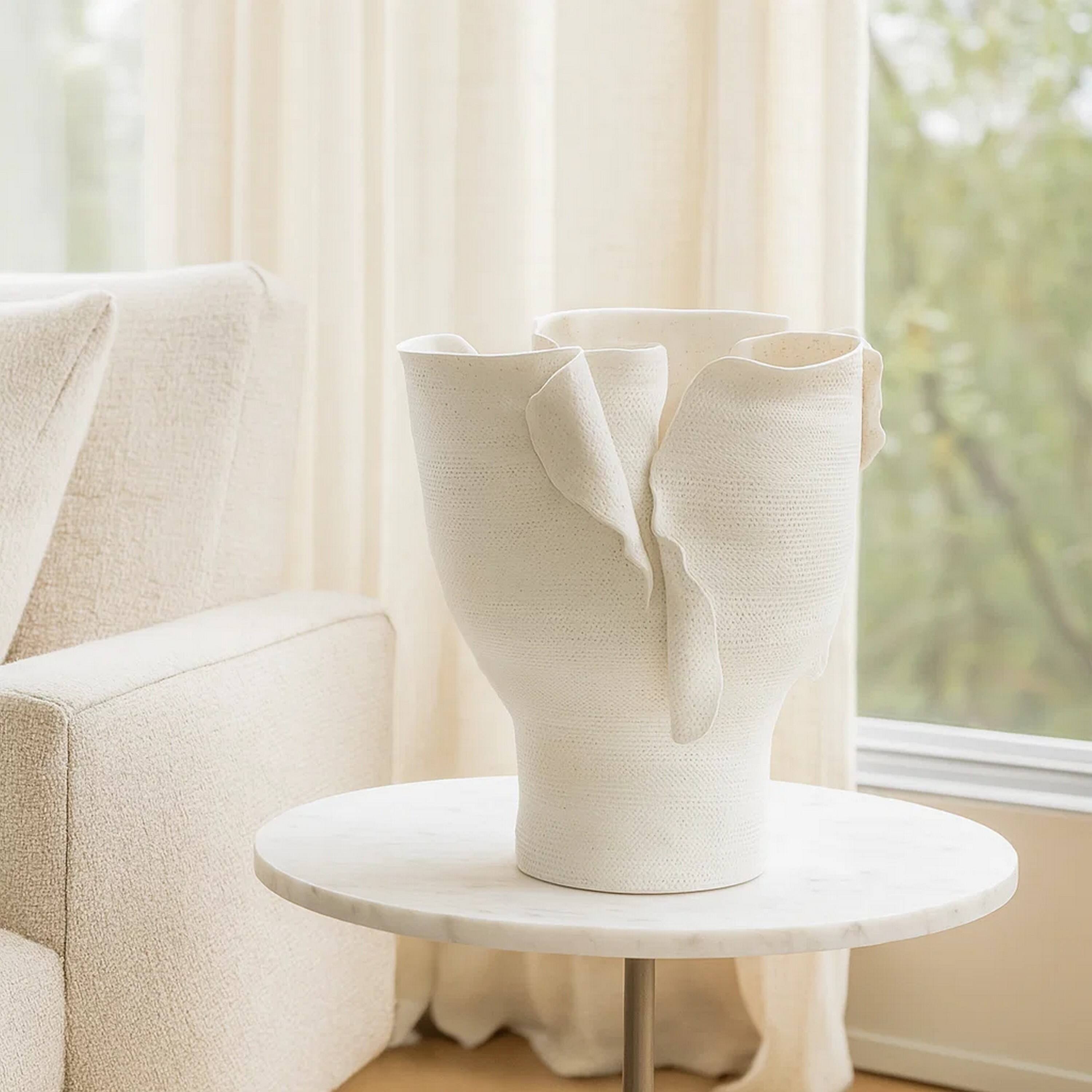 Alt View 3. Manhattan Lane - Tio Modern Vessel Vase, Flowing Petal Folds,  Porcelain 13 Inch - White.