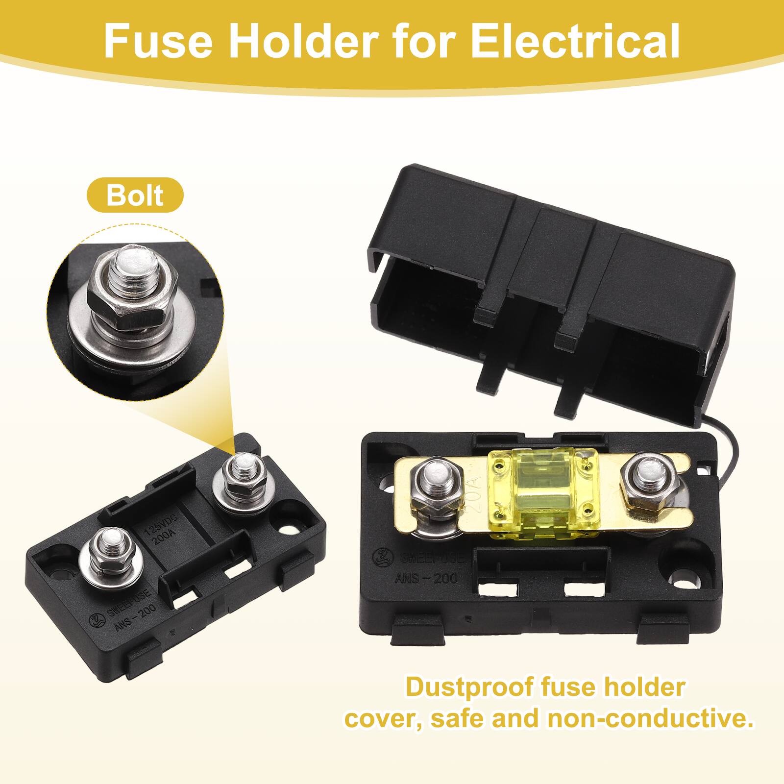 Fuse Holder for Electrical Bolt 125VDC 200A SREEPUSE ANS-200

Dustproof fuse holder cover, safe and non-conductive.