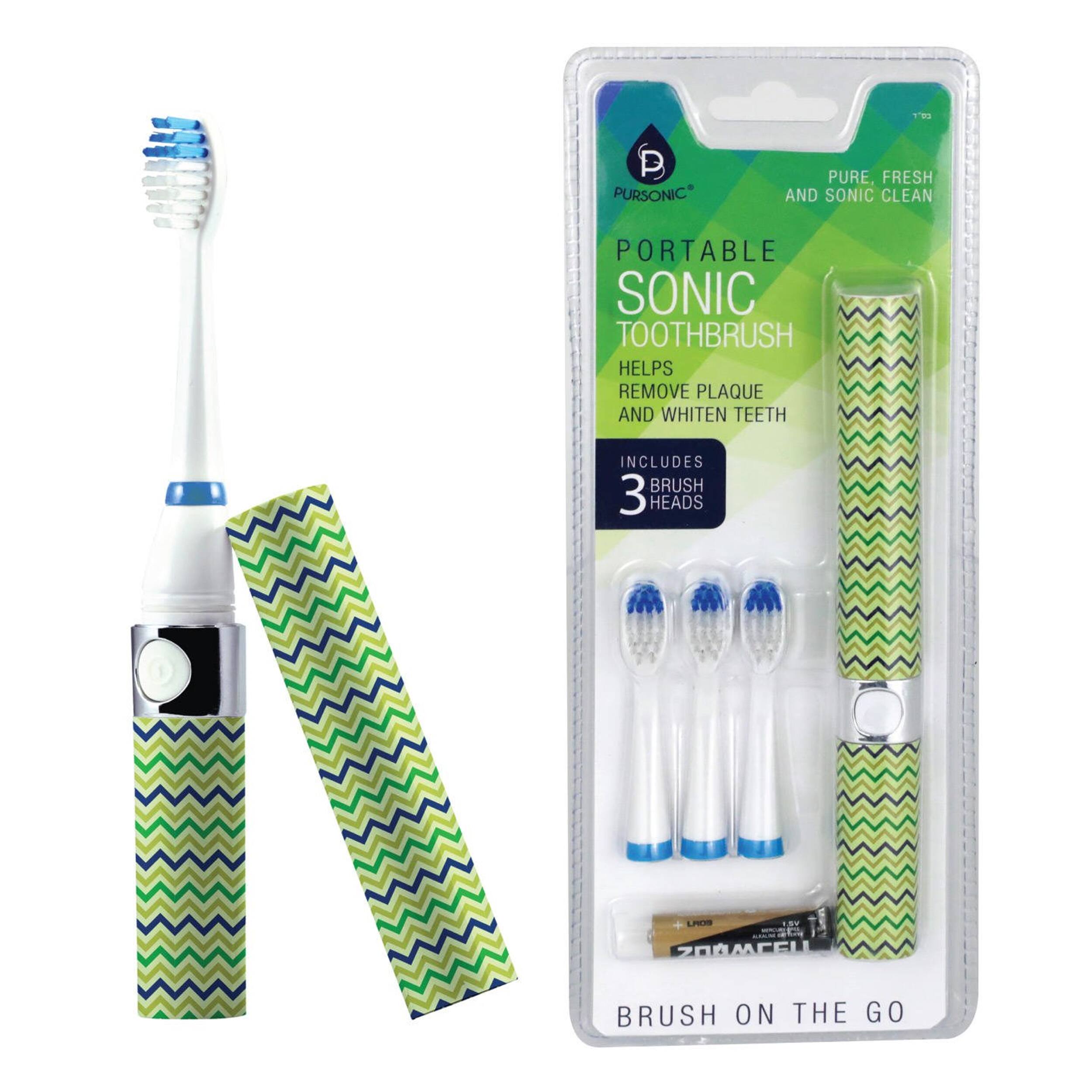 10 P PURSONIC* PURE, FRESH AND SONIC CLEAN PORTABLE SONIC TOOTHBRUSH HELPS REMOVE PLAQUE AND WHITEN TEETH INCLUDES 3 BRUSH HEADS BY Z00ACELL BRUSH ON THE GO