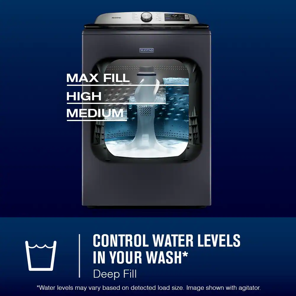 MAX FILL  
HIGH  
MEDIUM  

CONTROL WATER LEVELS IN YOUR WASH*  
Deep Fill  

*Water levels may vary based on detected load size. Image shown with agitator.