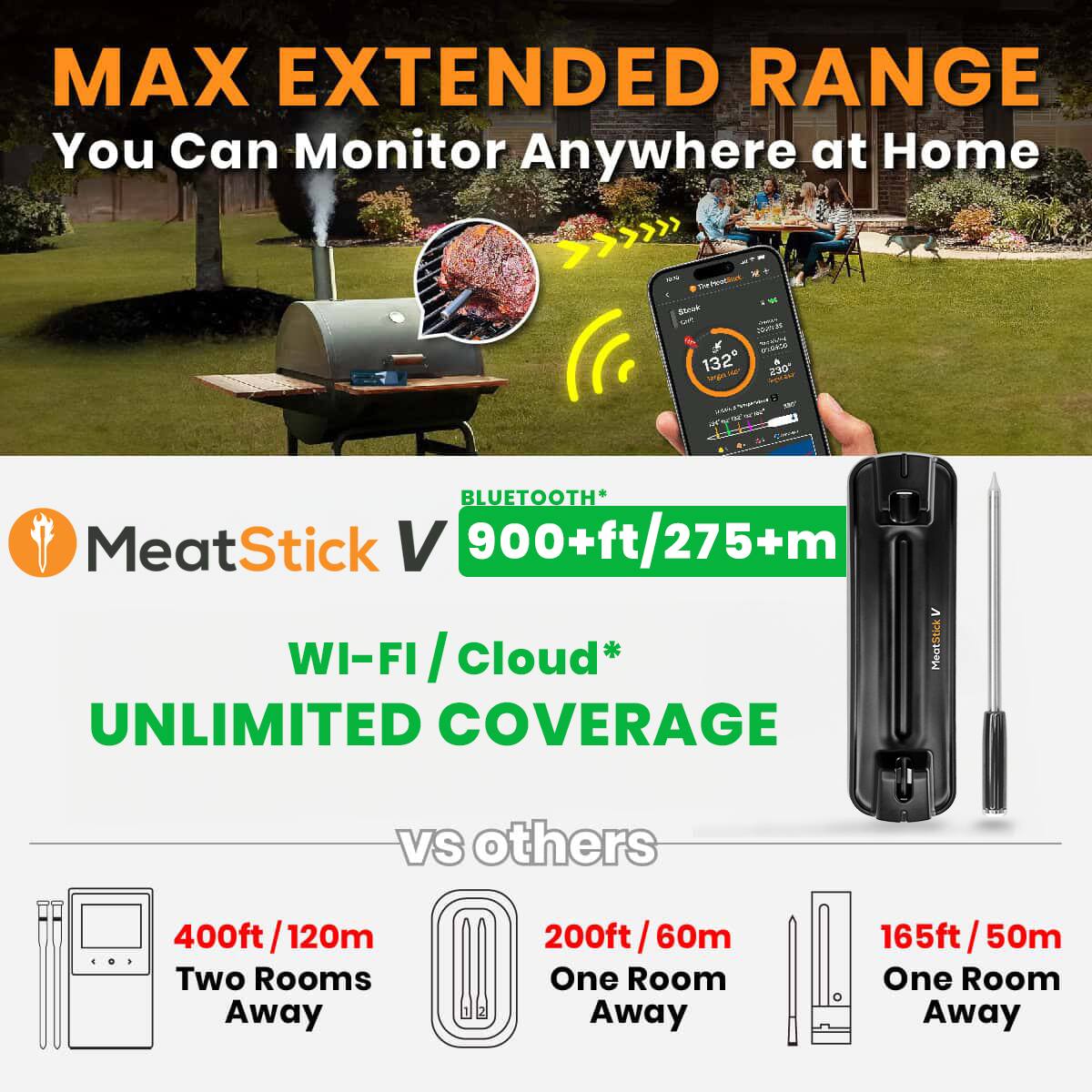 MAX EXTENDED RANGE  
You Can Monitor Anywhere at Home  

MeatStick V  
900+ft/275+m  

BLUETOOTH*  
WI-FI / Cloud*  

UNLIMITED COVERAGE  

vs others  
400ft/120m Two Rooms Away  
200ft/60m One Room Away  
165ft/50m One Room Away