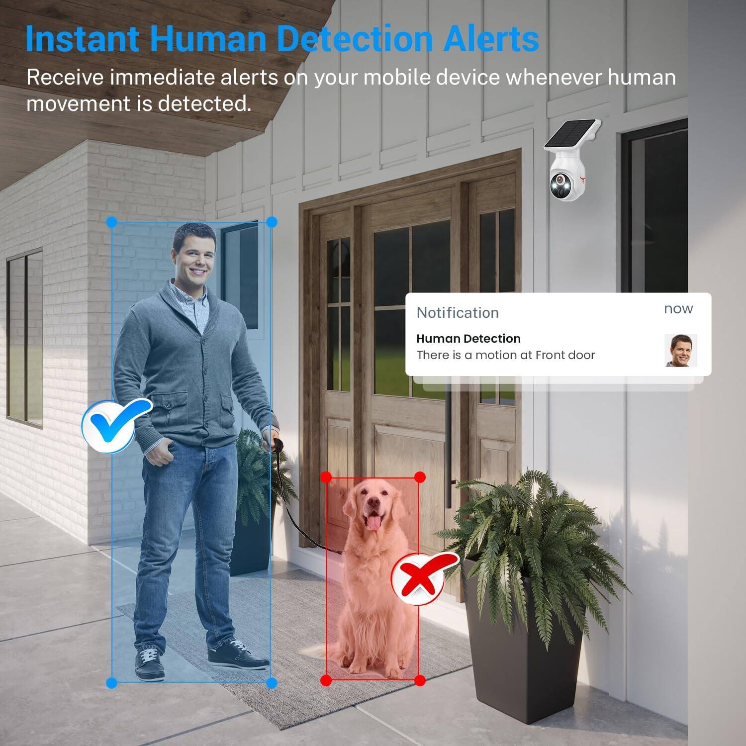 Instant Human Detection Alerts  
Receive immediate alerts on your mobile device whenever human movement is detected.  

Notification now  
Human Detection  
There is a motion at Front door