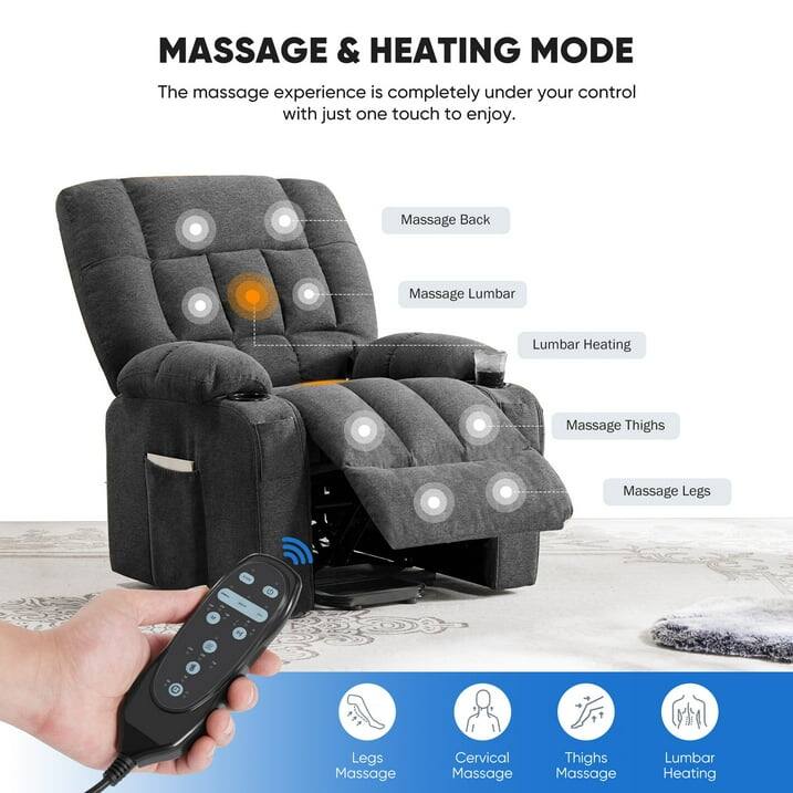 MASSAGE & HEATING MODE

The massage experience is completely under your control with just one touch to enjoy.

- Massage Back
- Massage Lumbar
- Lumbar Heating
- Massage Thighs
- Massage Legs
- Cervical Massage
- Thighs Massage
- Lumbar Heating