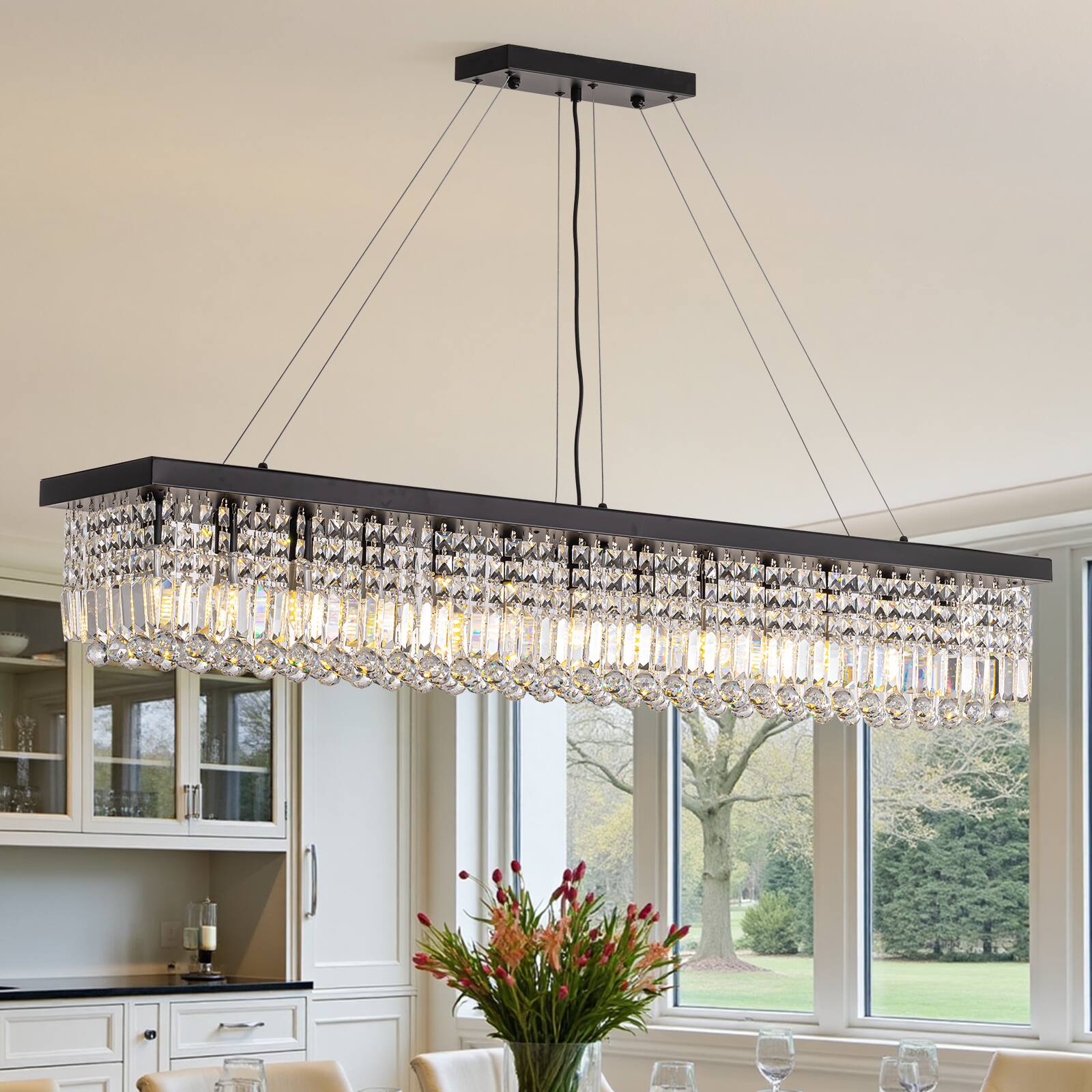Angle. Siljoy - 56-inch Matte Black Linear Crystal Chandelier Adjustable Cord Pendant for Dining Kitchen Island - Matte Black.